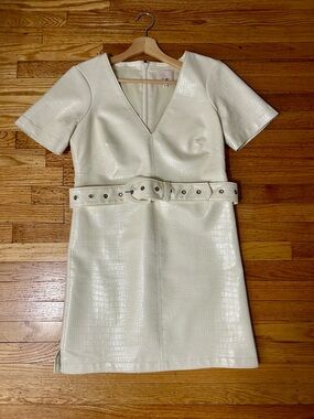 Ivory Faux-Croc Belted V-Neck Dress